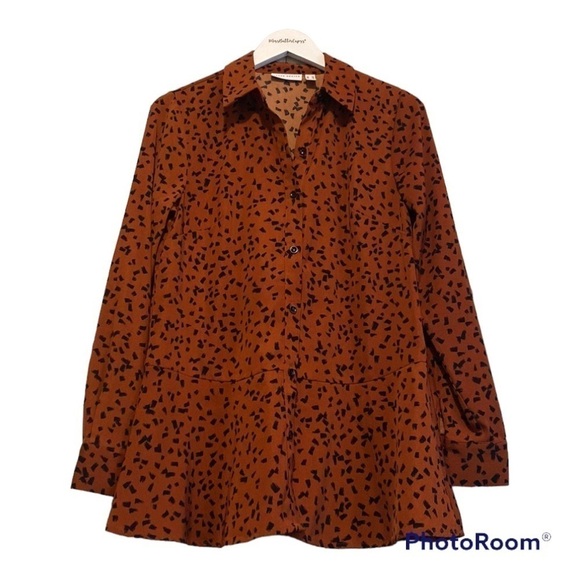 NWOT Susan Graver Copper & Black Long Sleeve Collared Button Up Blouse | XS - Picture 1 of 14